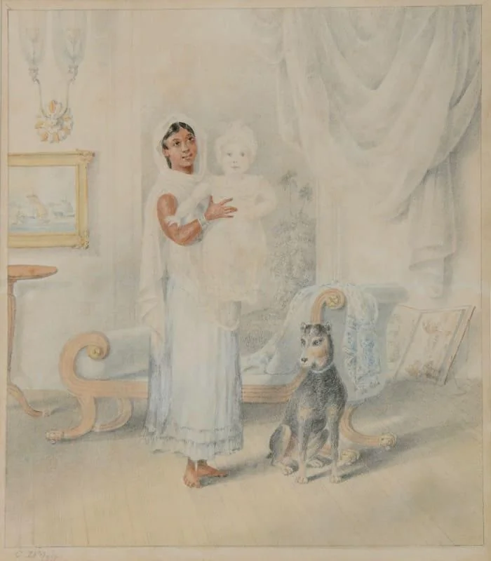 Sir Charles D'Oyly - An ayah holding a baby in Sir Charles D'Oyly's summer room at Patna
