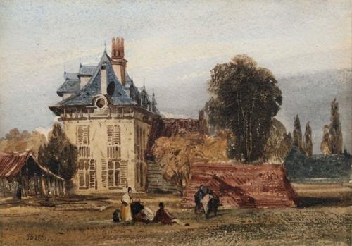 A chateau with figures in the garden