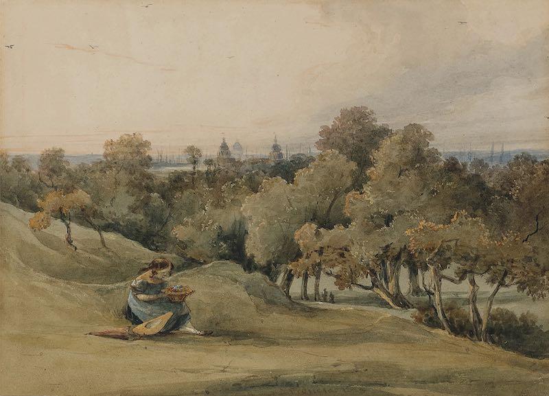 François Louis Thomas Francia - A girl picking flowers in Greenwich Park