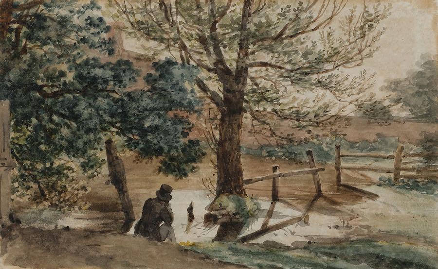 Joshua Cristall - A man sitting by a pond, Herefordshire