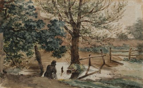 A man sitting by a pond, Herefordshire