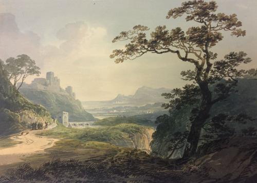 A ruined castle on a hill in a river landscape