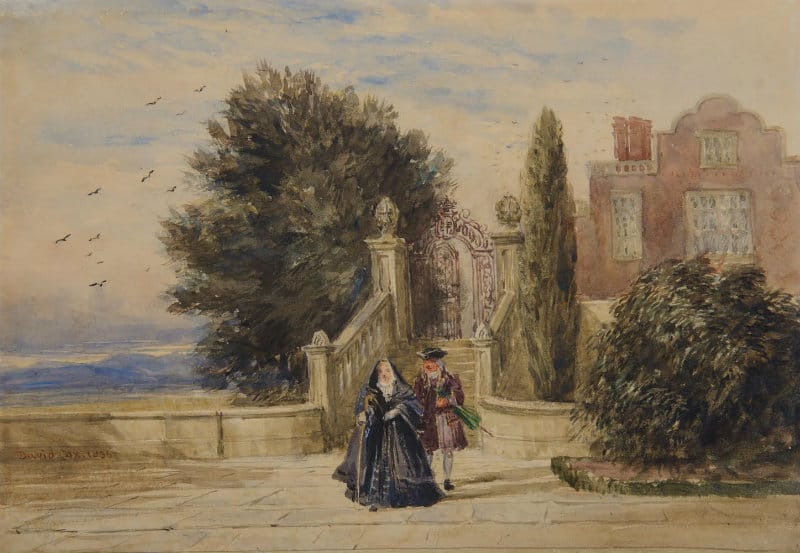 David Cox, RWS - A terrace with figures in seventeenth century costume