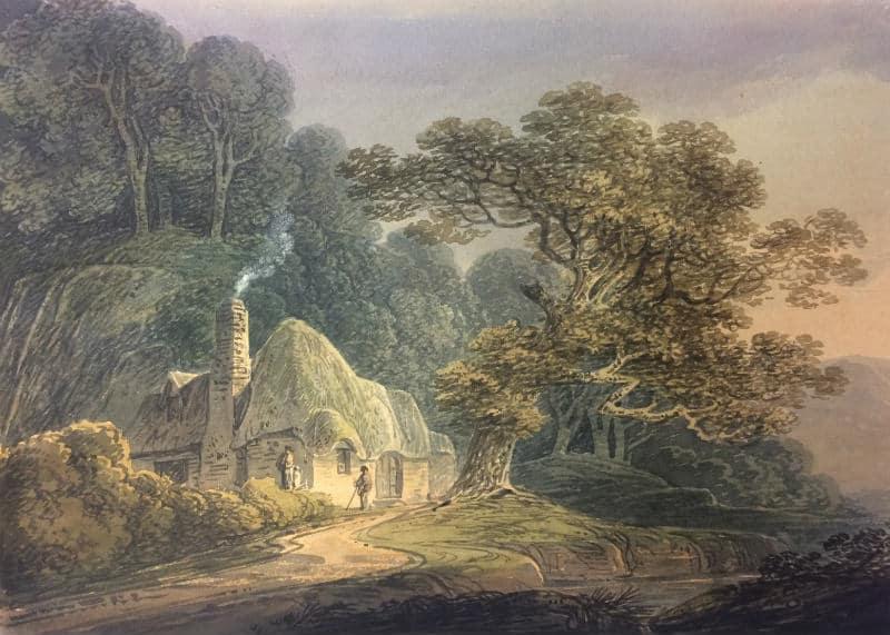 William Payne - A thatched cottage in a wooded landscape