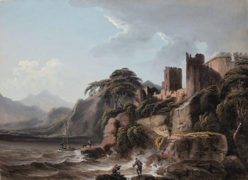 An artist sketching at the castle of Kilchurn on Loch Awe, Western Highlands, Scotland