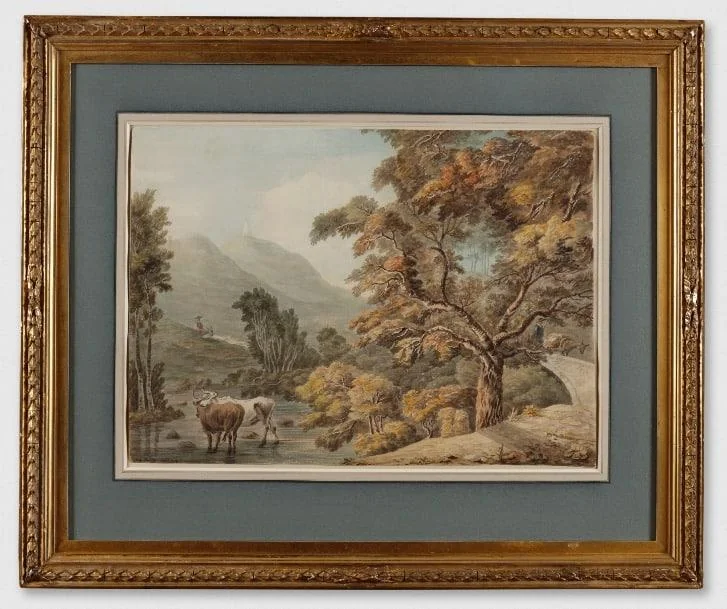 Ann Baring - Hilly landscape with cattle watering and rustics on donkeys