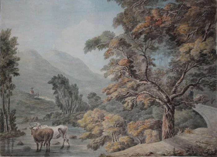 Ann Baring - Hilly landscape with cattle watering and rustics on donkeys