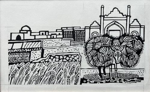 Bread; Poultry, Yoghourt and Fish: Four original illustrations for 'A Book of Middle Eastern Cookery' by Claudia Roden, 1968