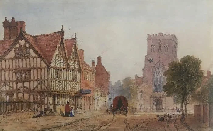 Joseph Murray Ince - Shrewsbury Abbey, Shropshire, with sheep being herded down the street