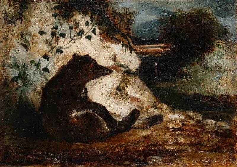 Newton Smith Limbird Fielding - A bear leaning against a rock by a river