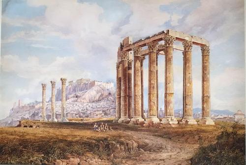 The Temple of Olympian Zeus, with the Acropolis beyond and the Temple of Hephaistos, Athens 