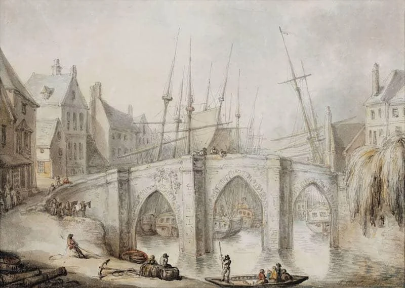 Thomas Rowlandson - A bridge over a river in a town, with shipping moored