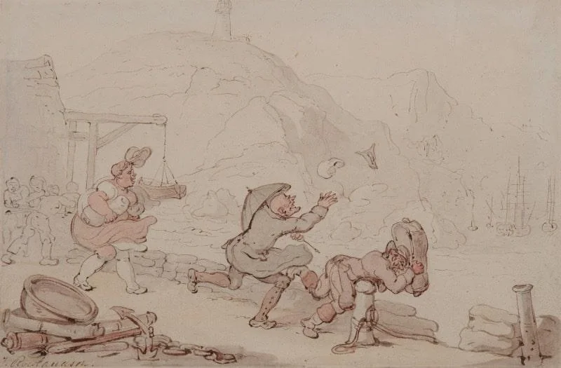 Thomas Rowlandson - Dr. Syntax loses his hat and wig in the wind by the sea