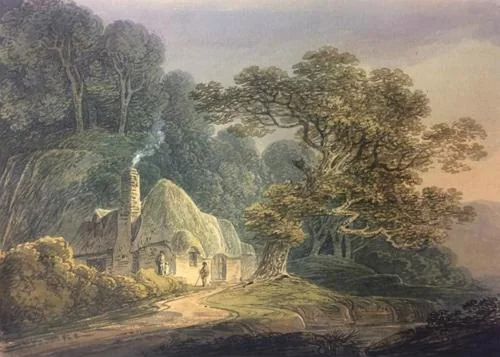 A thatched cottage in a wooded landscape