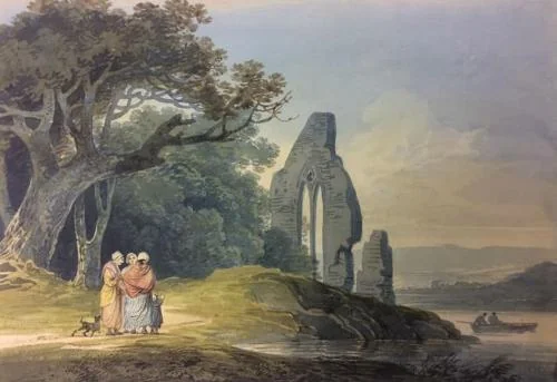 Rustics by a ruined church at the water’s edge