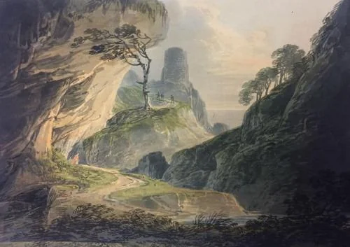 Travellers on a road through a rocky landscape near the sea
