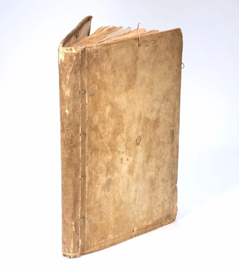 Sarah Stone album exterior, vellum-bound accounts ledger