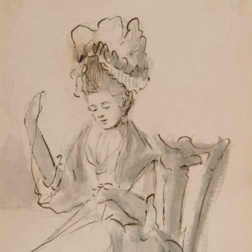 A lady wearing a mob cap sewing