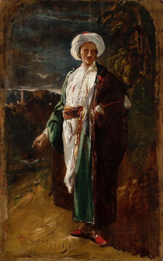 William James Müller - A man in Oriental dress, a minaret in the distance