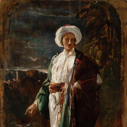 A man in Oriental dress, a minaret in the distance