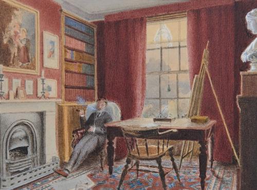 {'en': 'A portrait of the artist Benjamin Walter Spiers smoking in his studio'}