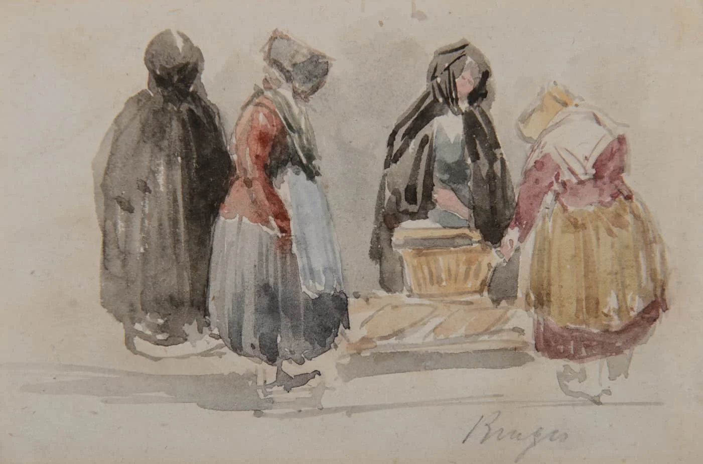 David Cox, RWS - Bruges – a group of women at the market