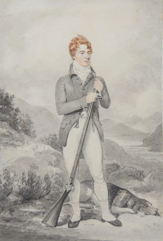 Henry Edridge, A.R.A. - Portrait of Thomas Broadwood holding a gun, his dog at his feet, in a landscape