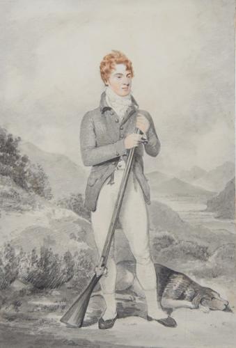 Portrait of Thomas Broadwood holding a gun, his dog at his feet, in a landscape