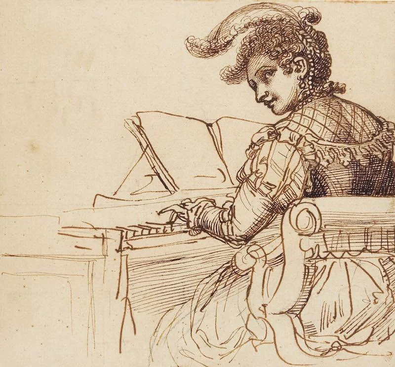 Richard Cosway - A lady playing a keyboard wearing sixteenth century dress, 1785-1790
