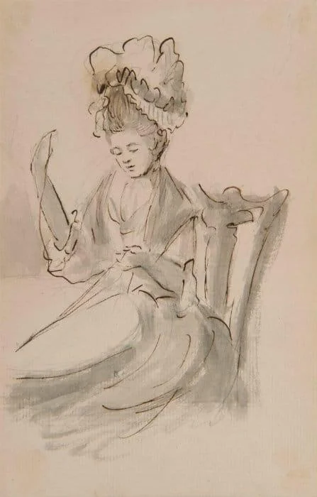 Samuel Shelley - A lady wearing a mob cap sewing