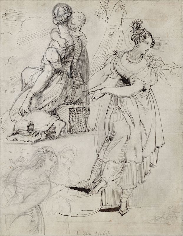 Theodor Von Holst - Studies of women including a study after Raphael, recto, a woman seated at a balcony with a flying bat and gothic spire, verso