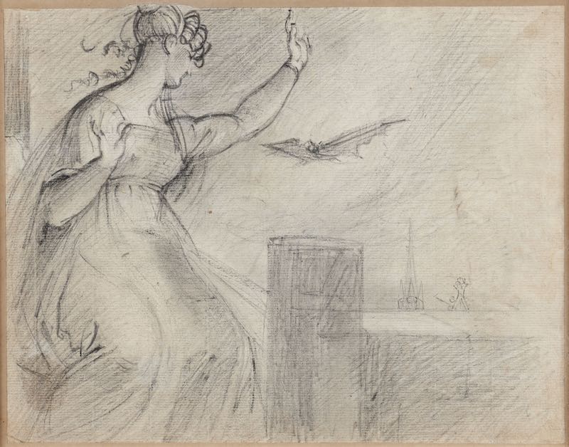 Theodor Von Holst - Studies of women including a study after Raphael, recto, a woman seated at a balcony with a flying bat and gothic spire, verso