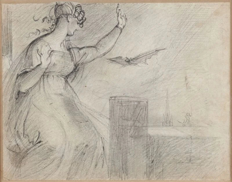 Theodor Von Holst - Studies of women including a study after Raphael, recto, a woman seated at a balcony with a flying bat and gothic spire, verso