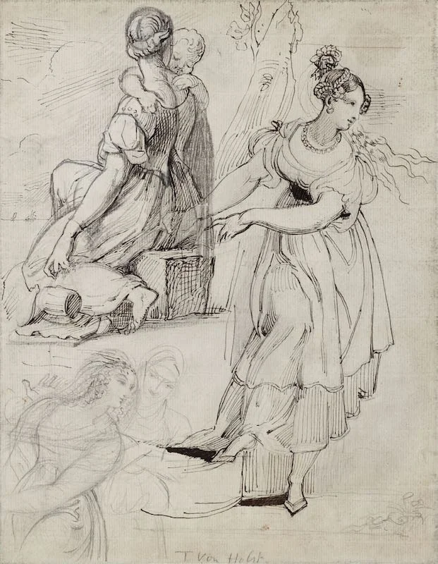 Theodor Von Holst - Studies of women including a study after Raphael, recto, a woman seated at a balcony with a flying bat and gothic spire, verso