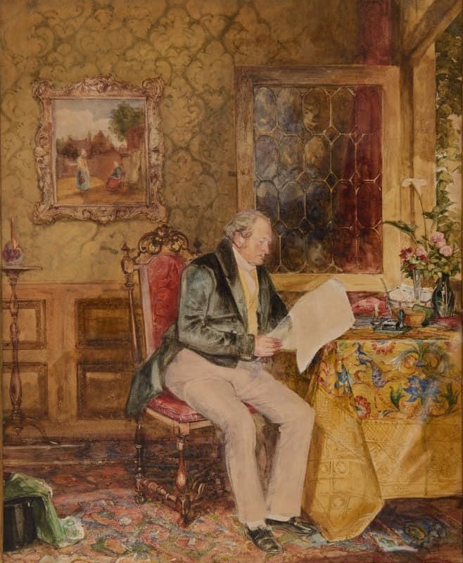 John Frederick Lewis, R.A. - Thomas Emmerson seated at a table in an interior, reading a newspaper