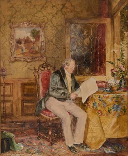 Thomas Emmerson seated at a table in an interior, reading a newspaper