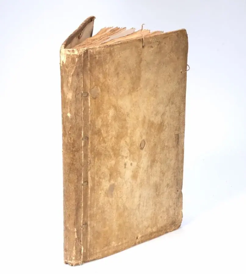 Sarah Stone album exterior, vellum-bound accounts ledger