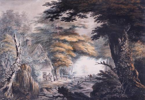 Wooded landscape with figures outside a cottage